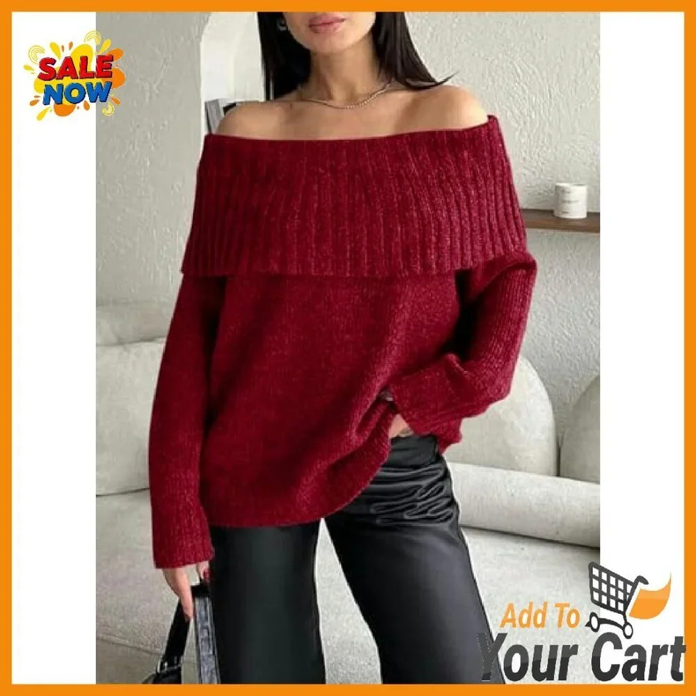 Oversized Off Shoulder Ribbed Knit Pullover Sweater Long Sleeve Loose Fit